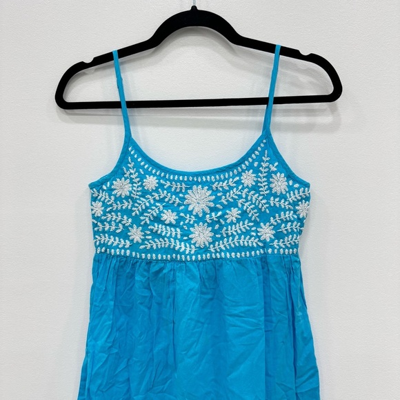 Madison Matthews Long Coverup Maxi Dress Sz XS aqua blue white embroidery - Picture 2 of 7